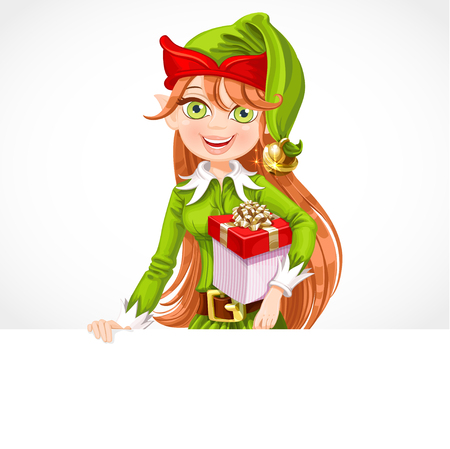 Cute girl Santa elf with gift hold big white banner isolated on a white backgroundのイラスト素材