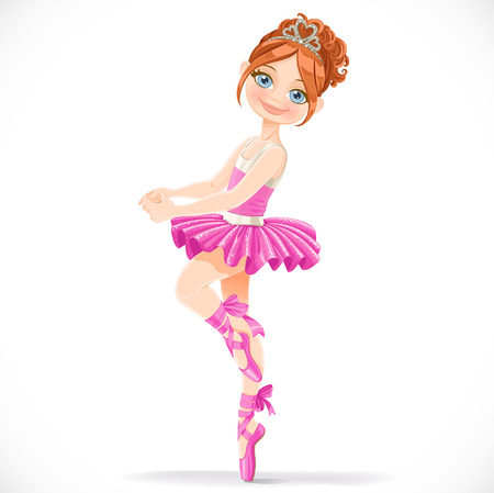 Pretty brunette ballerina girl dancing in pink dress isolated on a white backgroundのイラスト素材