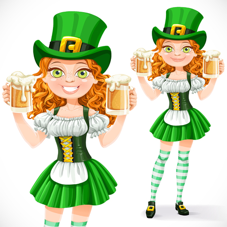Beautiful girl leprechaun hold a two goblets of beer isolated on a white backgroundのイラスト素材