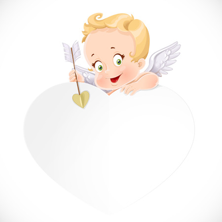 Cute cupid with a big white valentine card  isolated on a white backgroundのイラスト素材