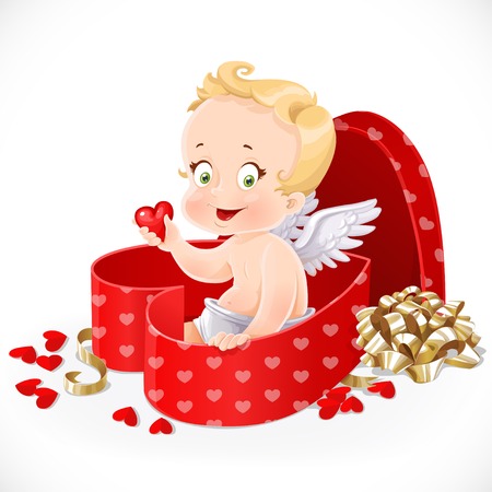 Cute cupid sitting in a gift box in heart shape isolated on a white backgroundのイラスト素材
