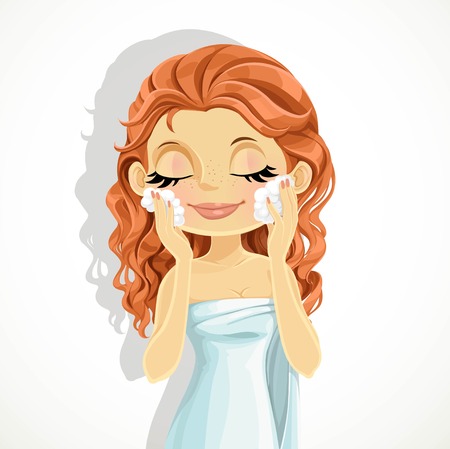 Cute brunette girl washes facial wash isolated on a white backgroundのイラスト素材