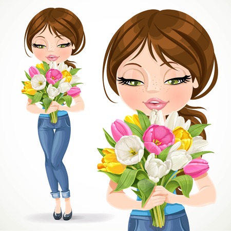 Cute brunette girl holding beautiful bouquet of pink, yellow, white tulips on a white backgroundのイラスト素材