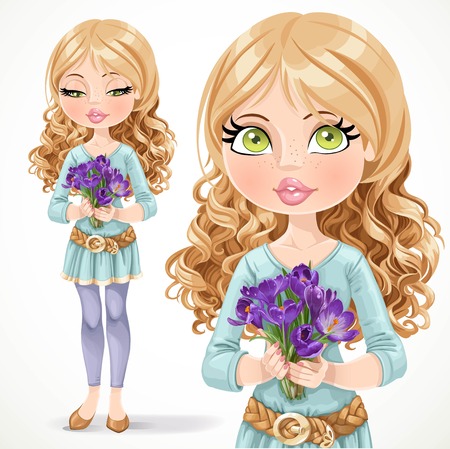 Beautiful blond girl holding a bouquet of crocuses isolated on  white backgroundのイラスト素材