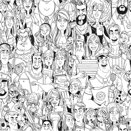 Seamless pattern from crowd of people with electronic gadgets line drawingのイラスト素材