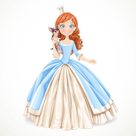 Lovely young brunette princess with dog chihuahua in the hands isolated on a white backgroundのイラスト素材