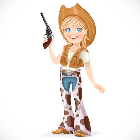 Cute girl dressed in a cowboy suit with a gun isolated on a white backgroundのイラスト素材