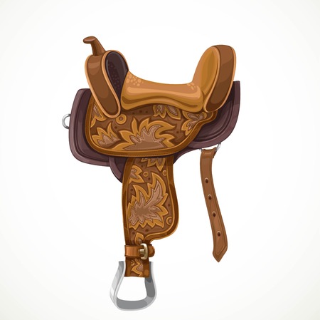 Brown saddle with ornaments and embroidery for equestrian sport and entertainment isolated on a white backgroundのイラスト素材