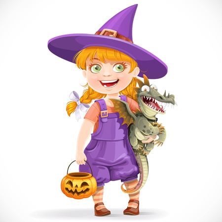 Cute little witch with a dragon under his arm and a pumpkin basket for sweets isolated on white backgroundのイラスト素材