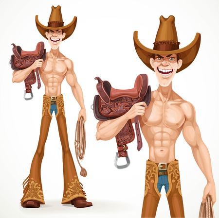 Cowboy naked to the waist with a saddle on his shoulder and a lasso in his hand isolated on white backgroundのイラスト素材