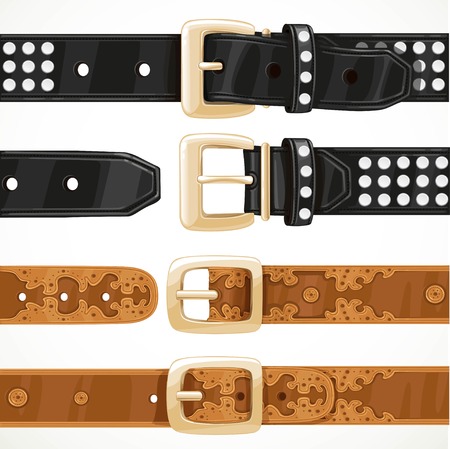 Leather belts with rivets and embroidery buttoned and unbuttoned isolated on white backgroundのイラスト素材