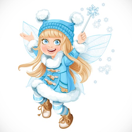 Cute little winter fairy girl in a blue coat with a Magic wand isolated on a white backgroundのイラスト素材