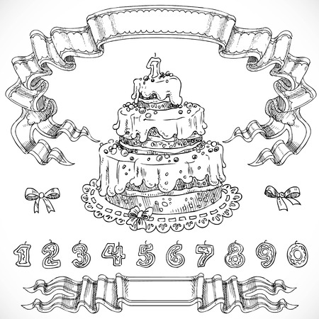 Graphic drawing birthday cake and decorative design elements candles  in the form digits and ribbonsのイラスト素材