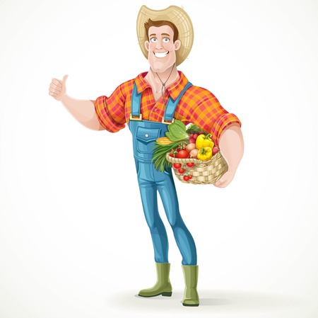 Cute young guy farmer with a big basket of vegetables showing thumbs up isolated on white backgroundのイラスト素材