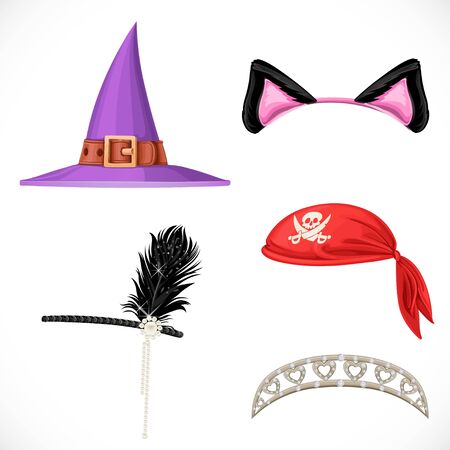 Set of hats for the carnival costumes -  Witch hat, pirate red bandanna, tiara for princess and cat ears on the hoop  isolated on a white backgroundのイラスト素材