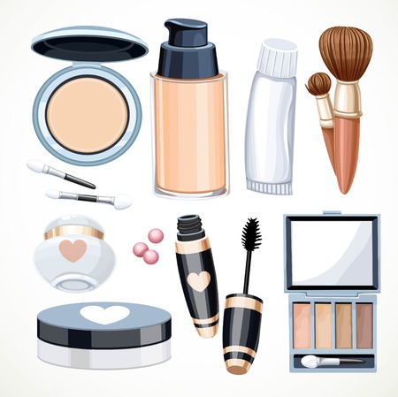 Set of objects cosmetics cream,eye shadow, face powder, brush, foundation cream, Mascara isolated on a white backgroundのイラスト素材