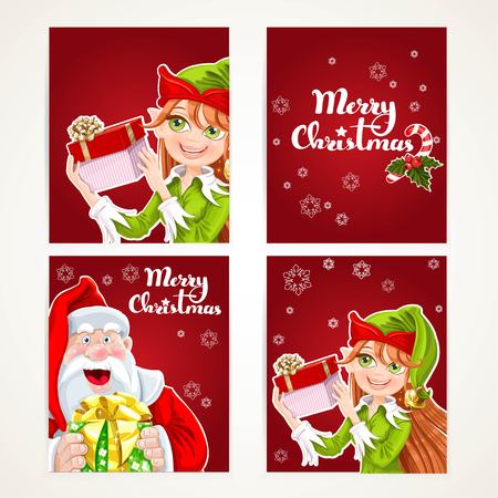 Santa Claus and Elf with gift on Christmas vertical banners set on a white backgroundのイラスト素材
