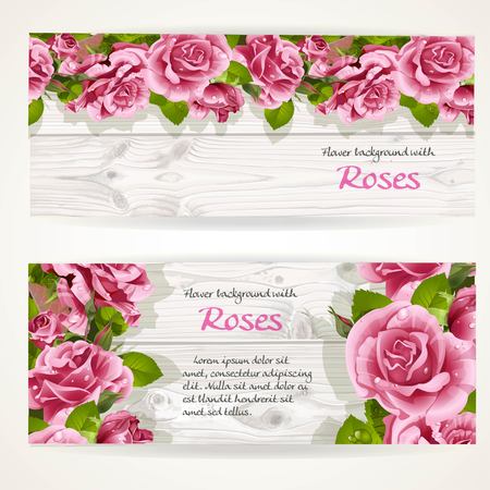 Two horizontal banners with pink roses on a white wood backgroundのイラスト素材