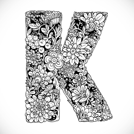 Doodles font from ornamental flowers - letter K. Black and whiteのイラスト素材