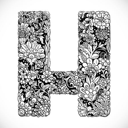 Doodles font from ornamental flowers - letter H. Black and whiteのイラスト素材