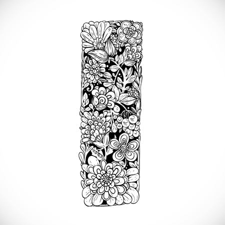 Doodles font from ornamental flowers - letter I. Black and whiteのイラスト素材