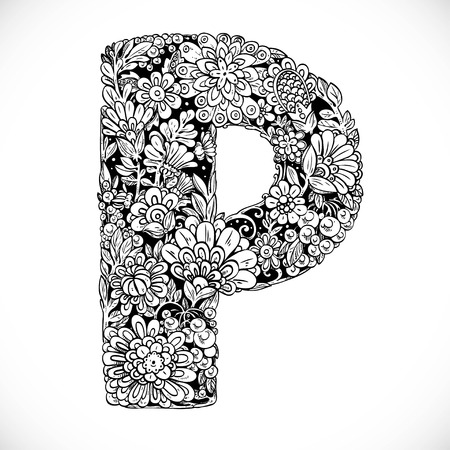 Doodles font from ornamental flowers - letter P. Black and whiteのイラスト素材