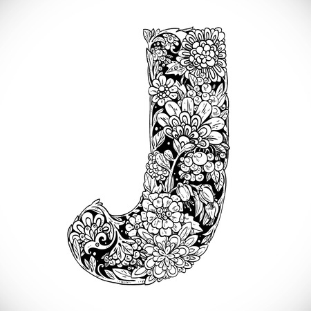 Doodles font from ornamental flowers - letter J. Black and whiteのイラスト素材