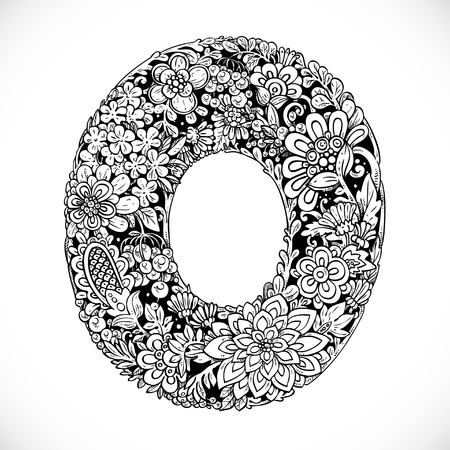 Doodles font from ornamental flowers - letter O. Black and whiteのイラスト素材