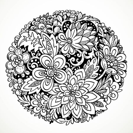 Round decorative element for processing imaginary flowers black and white drawingのイラスト素材