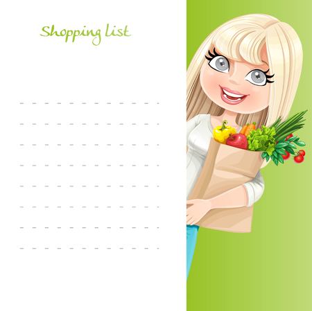 Cute blond girl with paper bag fresh fruits and vegetables hold white banner shopping listのイラスト素材