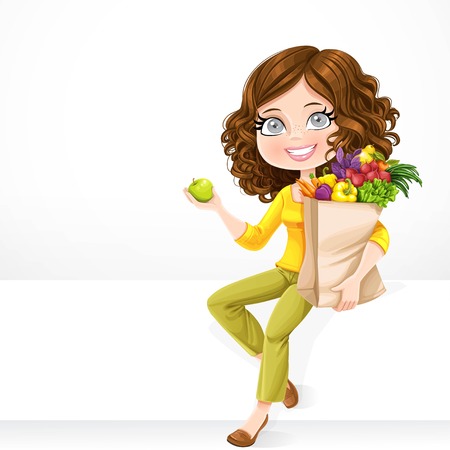 Cute brunette girl with paper bag fresh fruits and vegetables and green apple in hand sit on a white banner on white backgroundのイラスト素材