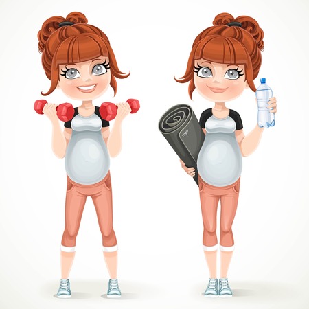 Cute pregnant woman preparing to do yoga and do exercise with dumbbells isolated on a white backgroundのイラスト素材