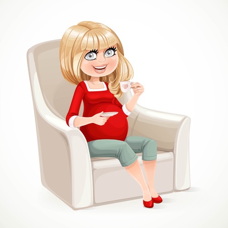 pregnant blond woman sitting on armchair and drinking tea isolated on white backgroundのイラスト素材