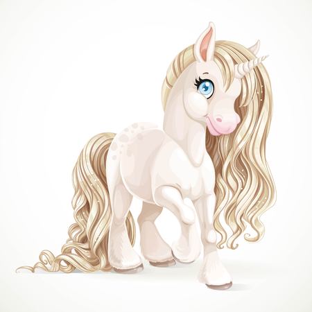 Cute fabulous unicorn with golden mane isolated on a white backgroundのイラスト素材