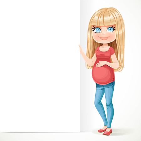 Cute pregnant women hold a big white blank banner isolated on white backgroundのイラスト素材