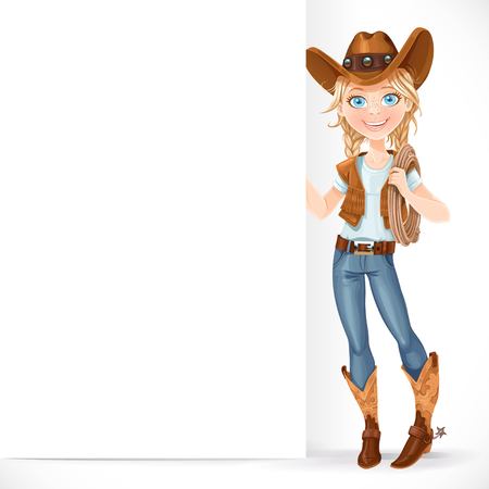 Beautiful girl in a cowboy hat and with lasso hold big white blank banner isolated on a white backgroundのイラスト素材