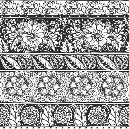 Seamless ornament from flower doodles in ethnic style black and whiteのイラスト素材