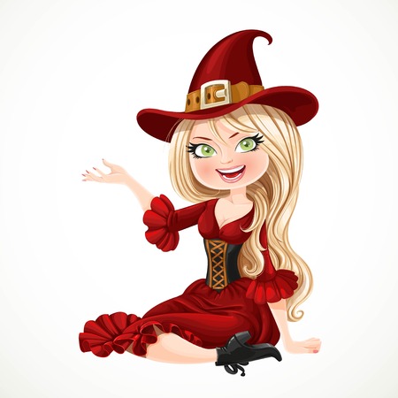 Beautiful blonde witch in maroon dress sitting on the floor and shows the side isolated on white backgroundのイラスト素材