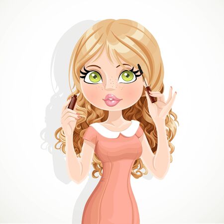 Cute blond girl in pink dress colors eyelashes mascara isolated on a white backgroundのイラスト素材
