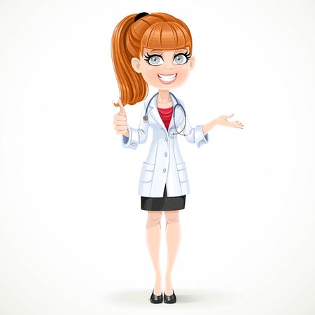 Beautiful girl doctor in a white medical coat shows gesture thumbs up isolated on white backgroundのイラスト素材