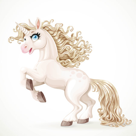 Cute fairytale unicorn with golden mane rearing up isolated on a white backgroundのイラスト素材
