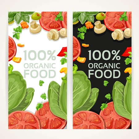 White and black vertical banners with vegetarian fresh organic natural foodのイラスト素材