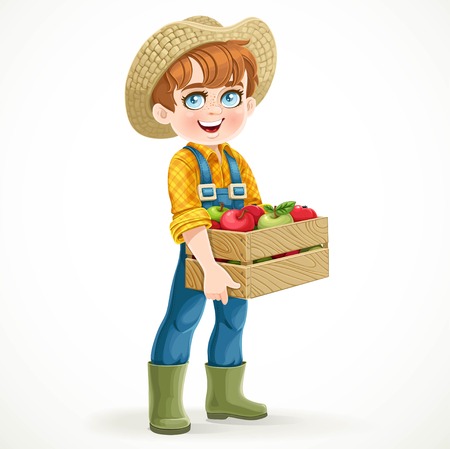 Cute boy farmer in jeans overalls and rubber boots holding a wooden box with apple isolated on white backgroundのイラスト素材