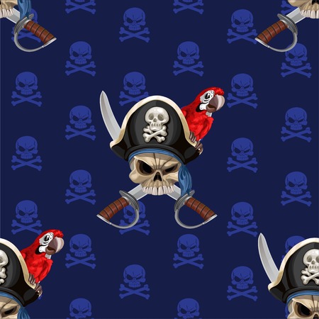 Blue seamless background wirh Jolly Roger in hat with parrotのイラスト素材