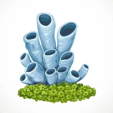 Sea blue sponges on a carpet from green anemones sea life object isolated on white backgroundのイラスト素材