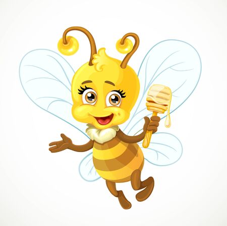 Cute bee with wooden dipper  flying on a white backgroundのイラスト素材