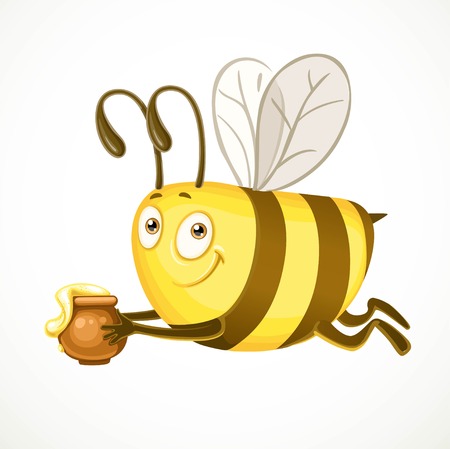 Fun cartoon bee flies with clay pot ful of honey isolated on a white backgroundのイラスト素材