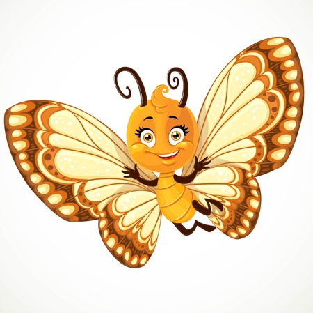 Cute little Butterfly with yellow and brown ornament wings fly on a white backgroundのイラスト素材