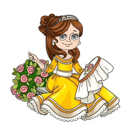 Beautiful princess sitting on a bench near a bush of roses and embroiders isolated on white backgroundのイラスト素材