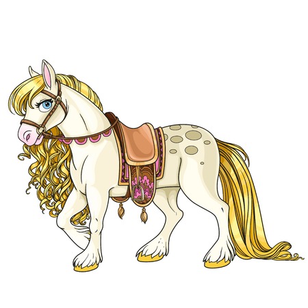 Cute white horse with golden mane harnessed to a saddle isolated on a white backgroundのイラスト素材